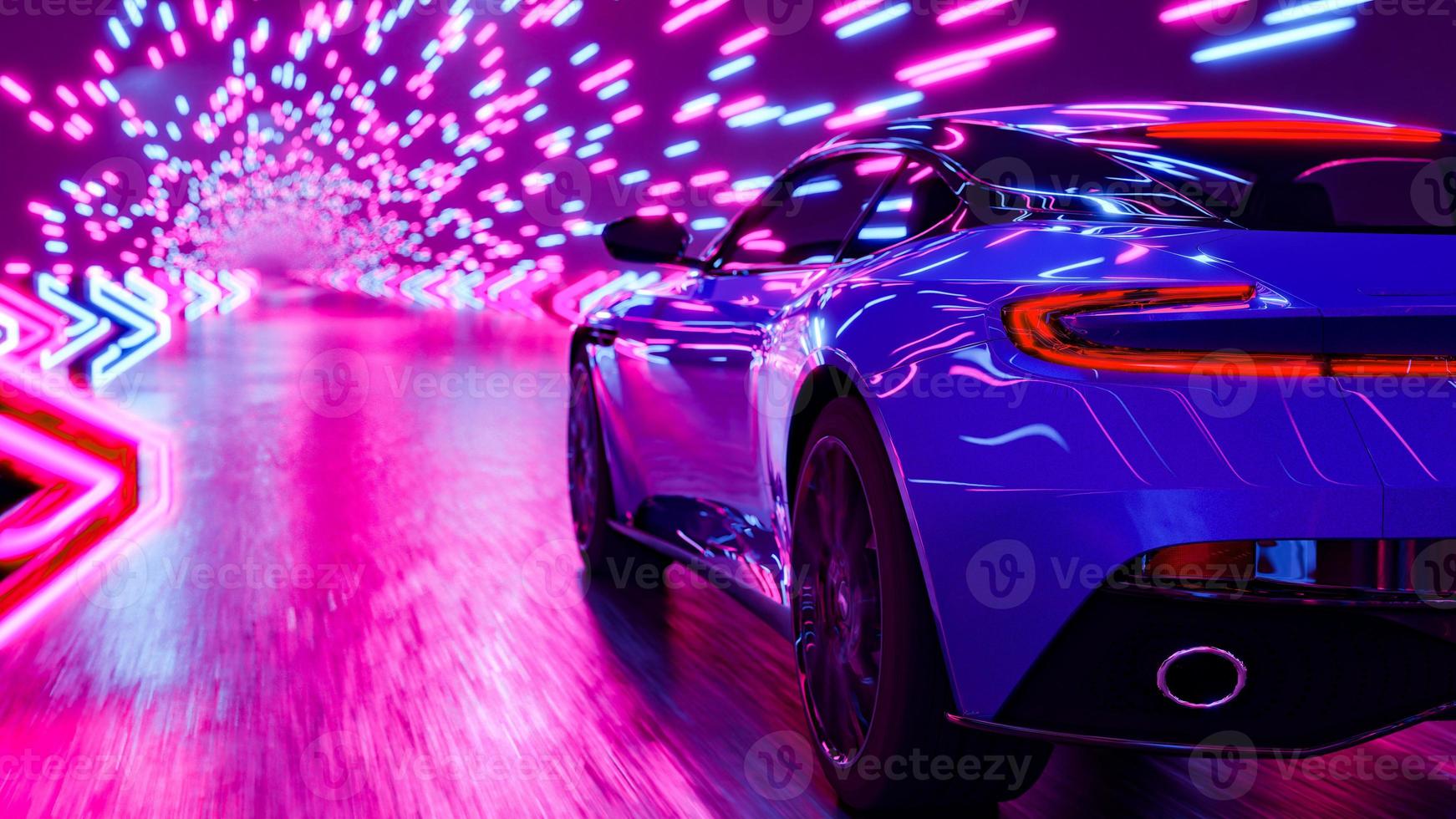 The sports car rushes along the night road. Rear view. 3D rendering illustration. photo