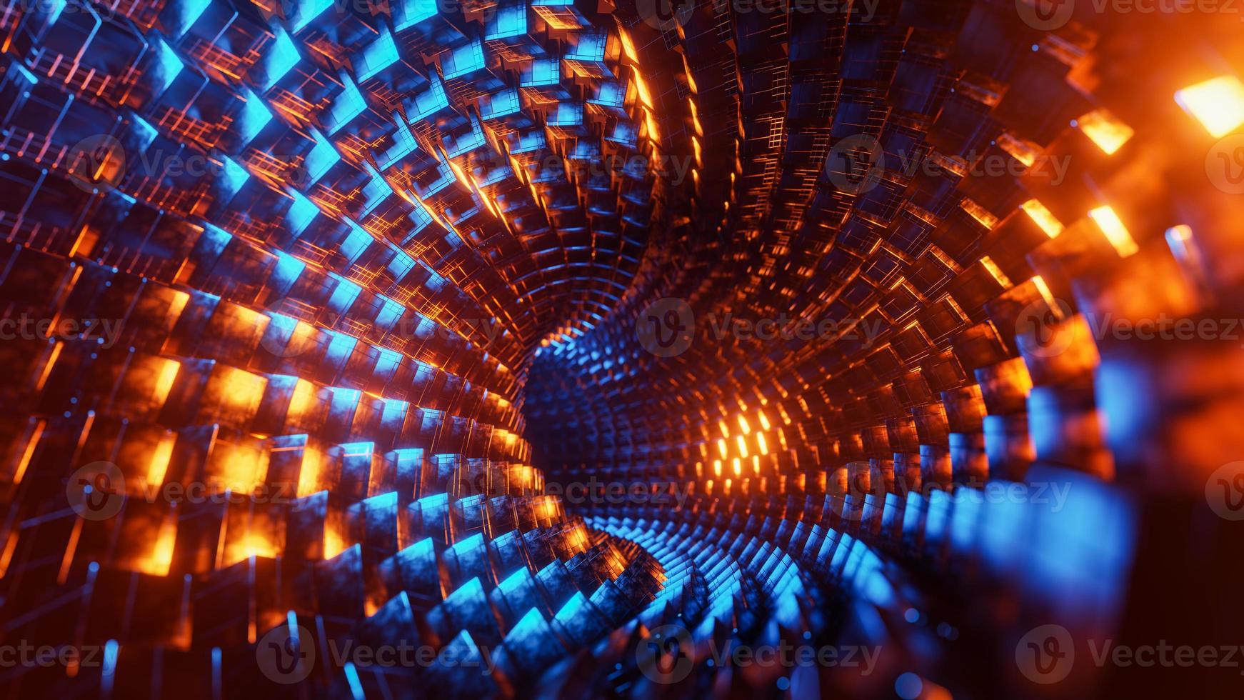 Flying through a tunnel of blue and orange metal cubes. 3D rendering illustration. photo