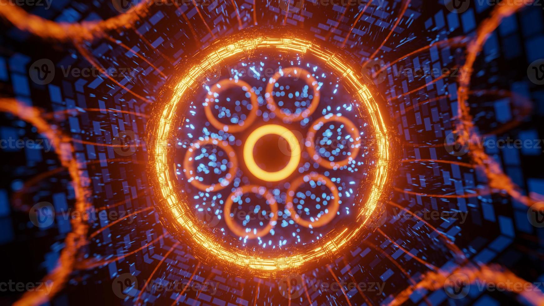 Flying in a tunnel through shimmering rings. 3D rendering illustration photo