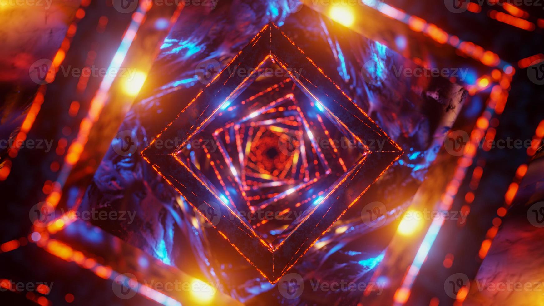 Flying in a futuristic tunnel through sparkling cubes. 3D rendering illustration photo