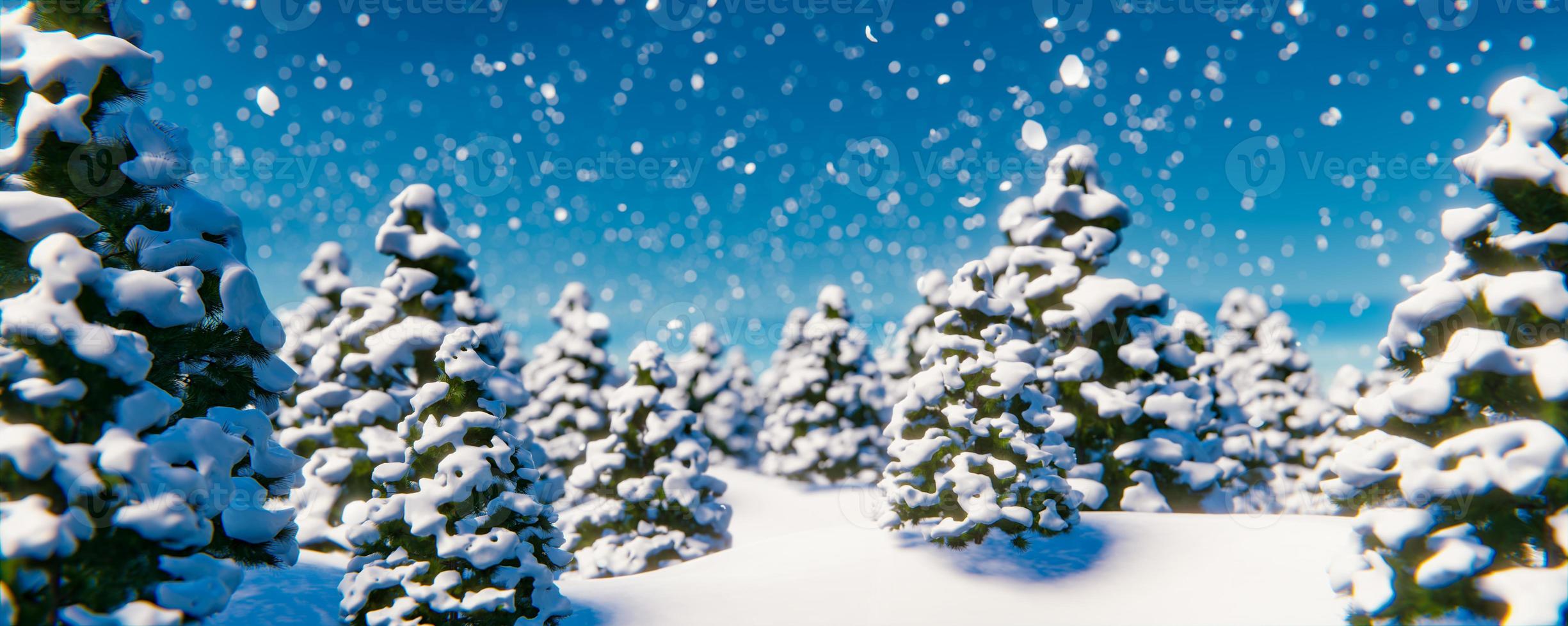 A walk in the snow-covered forest between the Christmas trees during a snowfall. 3D rendering illustration photo