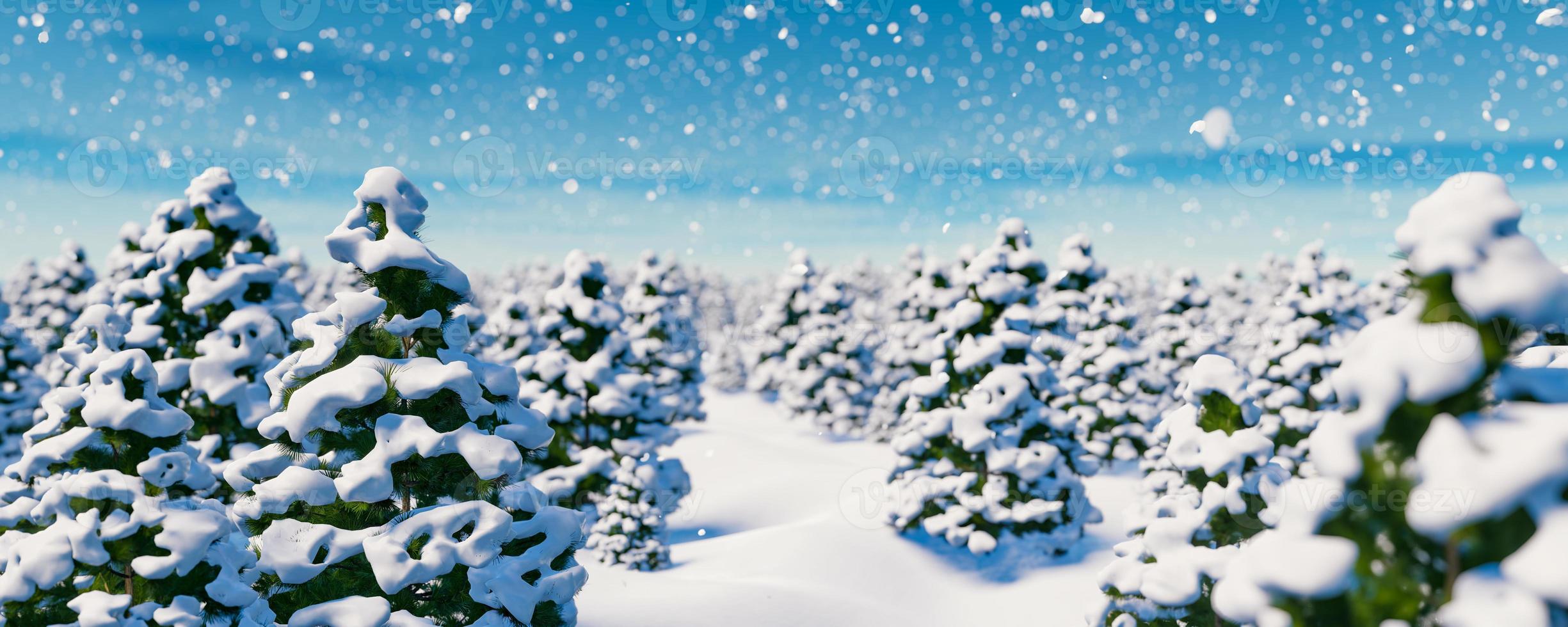 A walk in the snow-covered forest between the Christmas trees during a snowfall. 3D rendering illustration photo