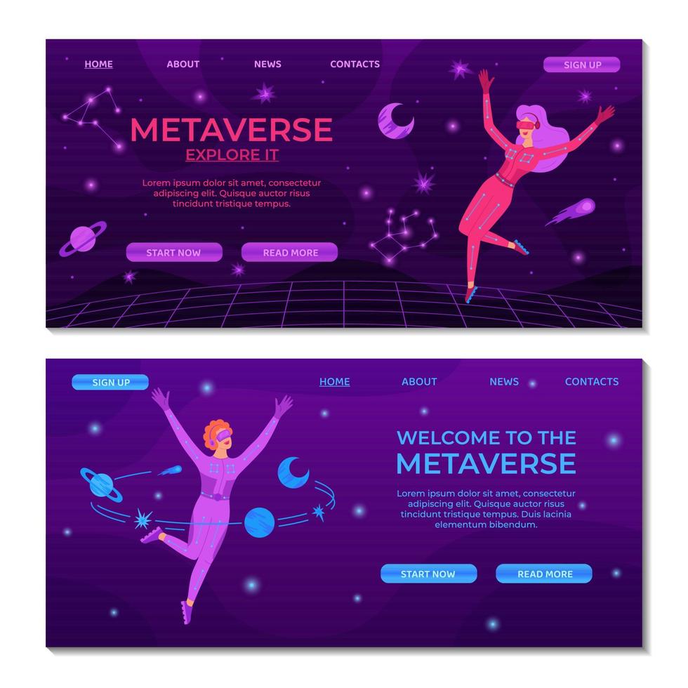 plantilla de página de inicio de tecnología digital de metaverso. mujer con gafas vr y traje vr. equipo ciberespacial para juegos de ar, entretenimiento, educación, negocios. adecuado para banner, ui, diseño de sitios web vector