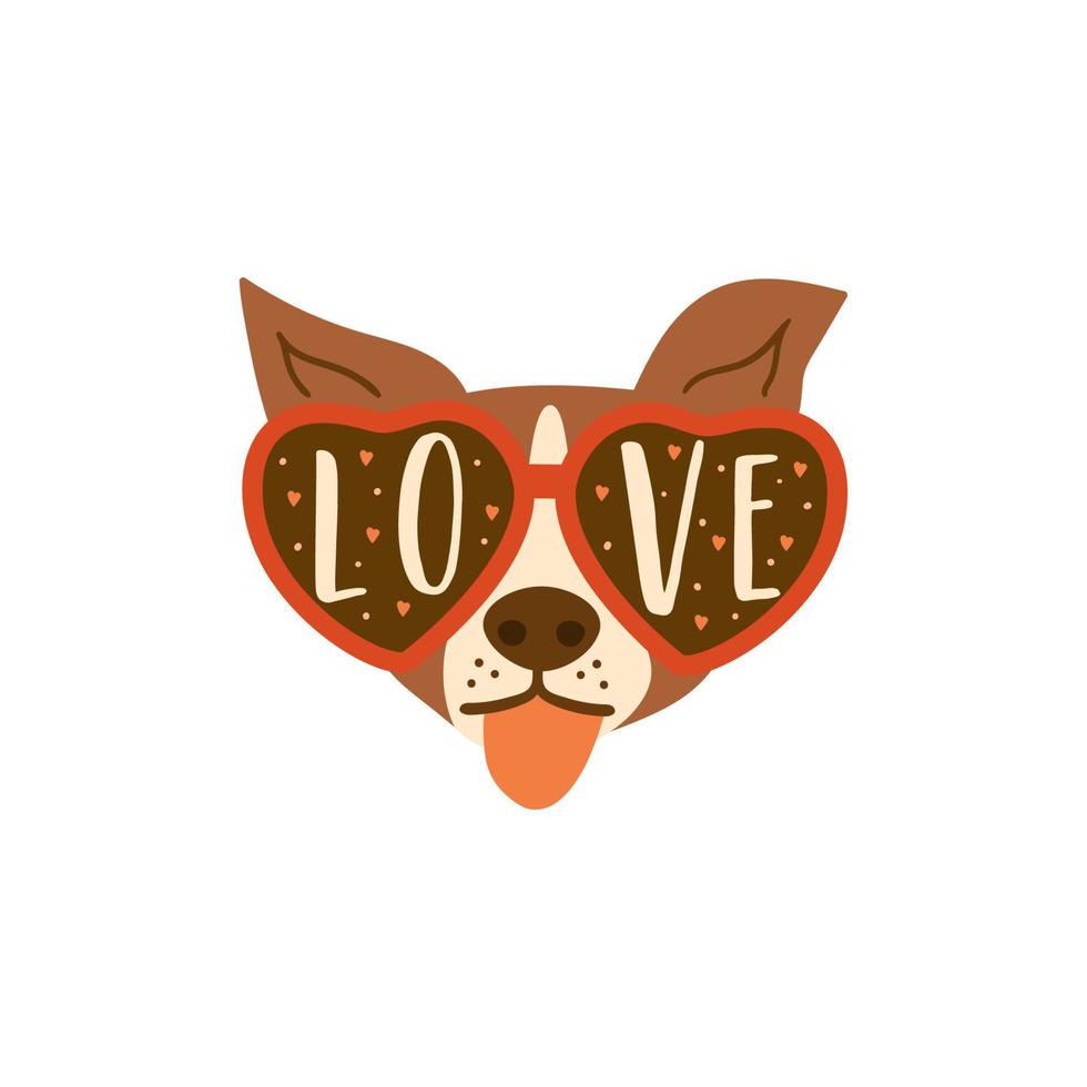 el perro usa anteojos con texto de amor. divertida y adorable cabeza de cachorro para el día de san valentín. ilustración vectorial aislada con cara de perro sonriente, gafas de sol de corazón elemento gráfico romántico, diseño de tarjeta de amor. vector