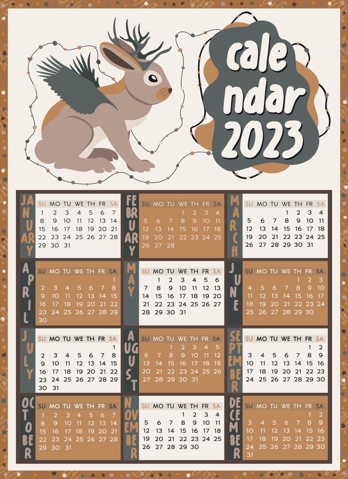 Calendar 2023 with jackalope. Year of rabbit. Week begins on Sunday. vector