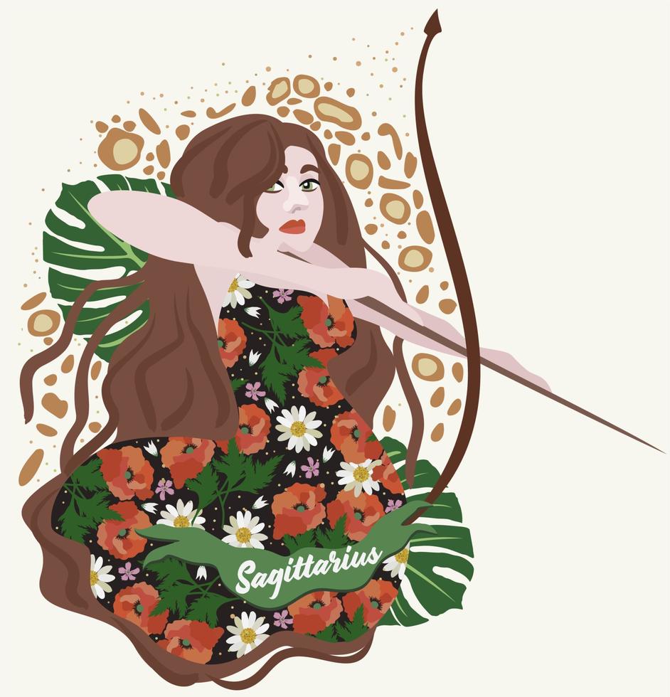 Sagittario. Zodiac sign. Vector isolated composition with lettering on light background. Horoscope concept. Woman in a colorful dress with a bow in her hands.