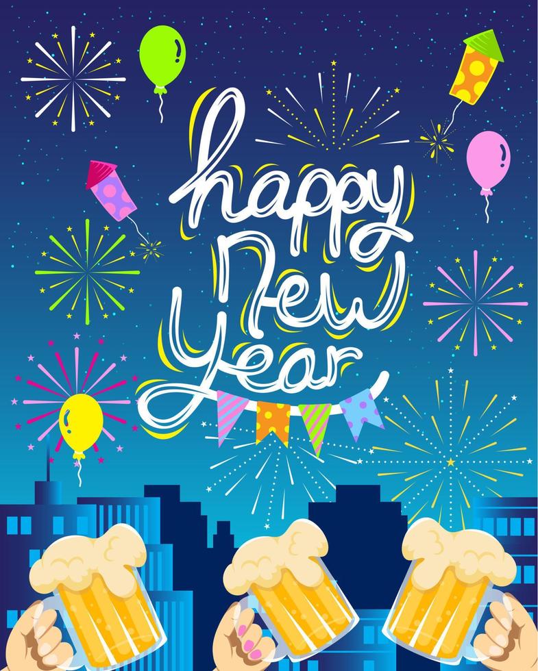 new year beer party, happy new year fireworks group party, new year group night party banner vector