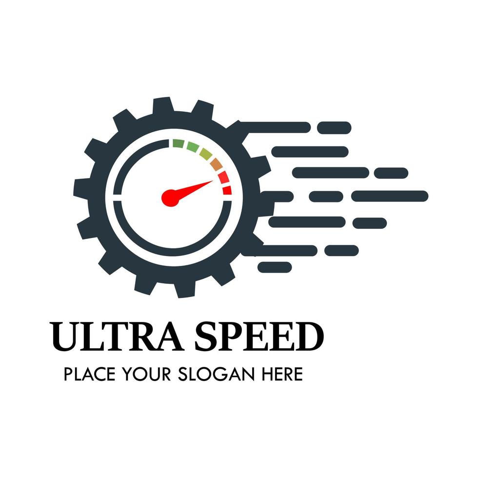 Ultra speed meter with gear vector logo template. This design is suitable for factory, engineering, car, machine, industrial.