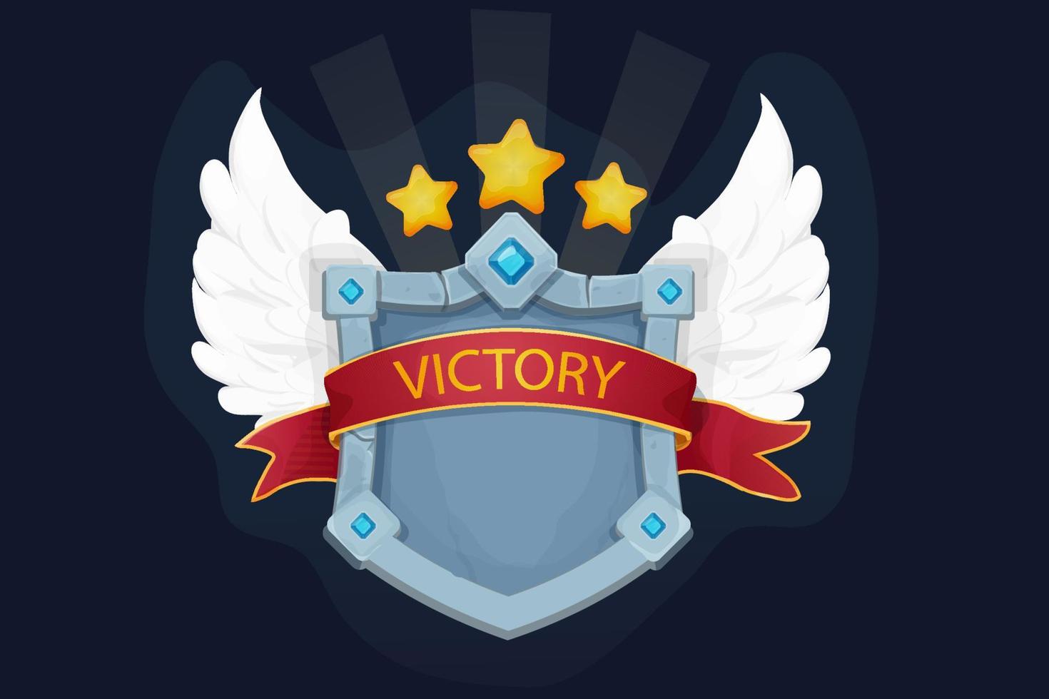 Stone shield, frame with gemstones, award ribbon, wings, golden stars game victory board in cartoon style isolated on background. Magic royal asset, template. Vector illustration