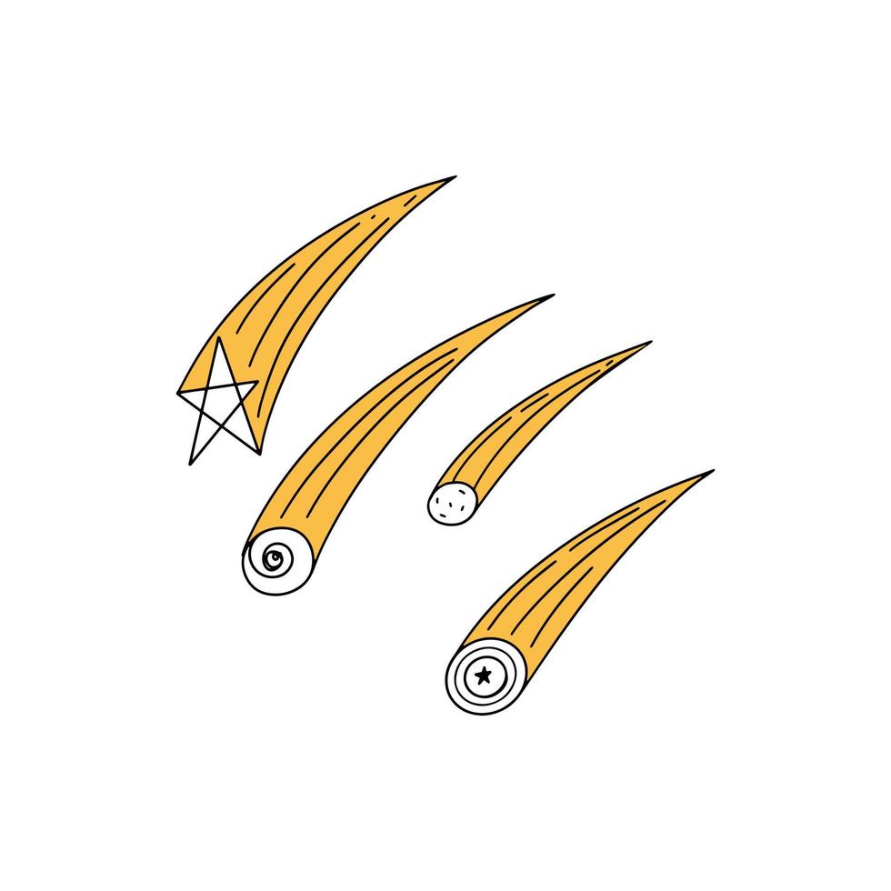 Shooting stars set. Starfall in doodle style. Vector illustration