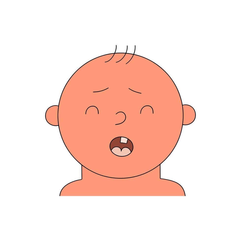 The child cuts his first tooth. Little baby is crying because of a toothache. Vector illustration in doodle style