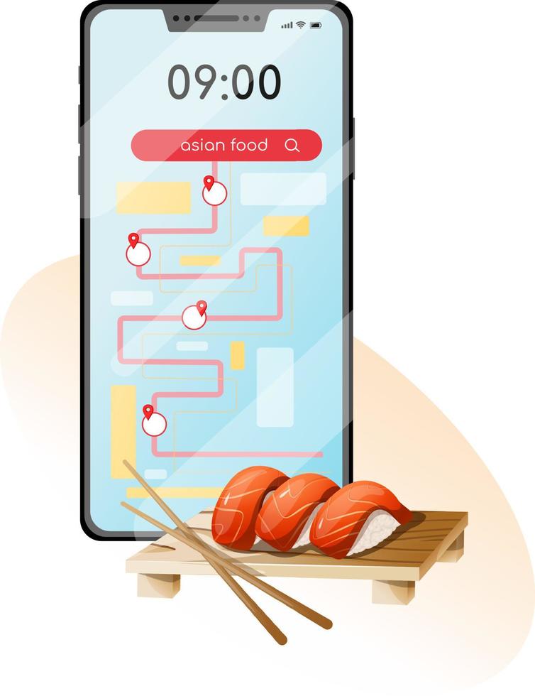 Asian sushi with salmon near smartphone vector