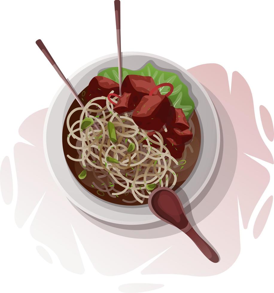 plato asiático con carne de res y fideos vector