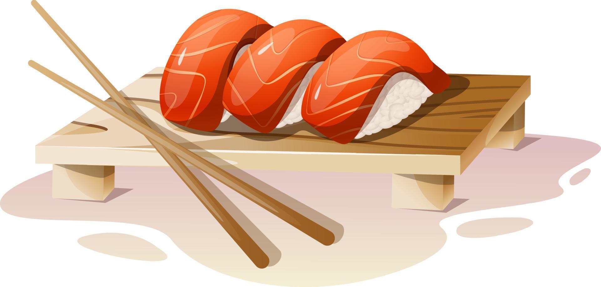 Delicious and fragrant sushi with salmon on a wooden stand vector