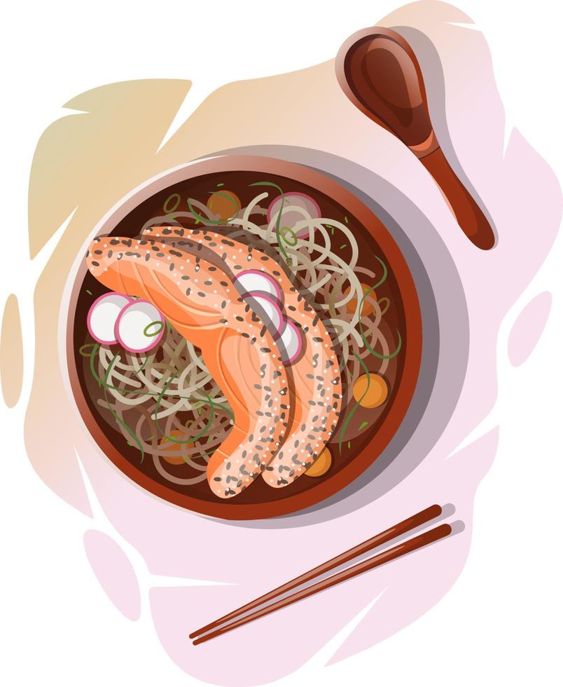 Delicious Asian dish - ramen with noodles and fish vector