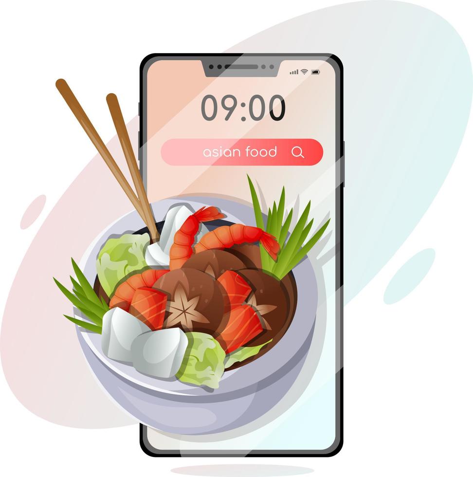 cartel de comida asiática. plato japonés con diferentes ingredientes en smartphone vector