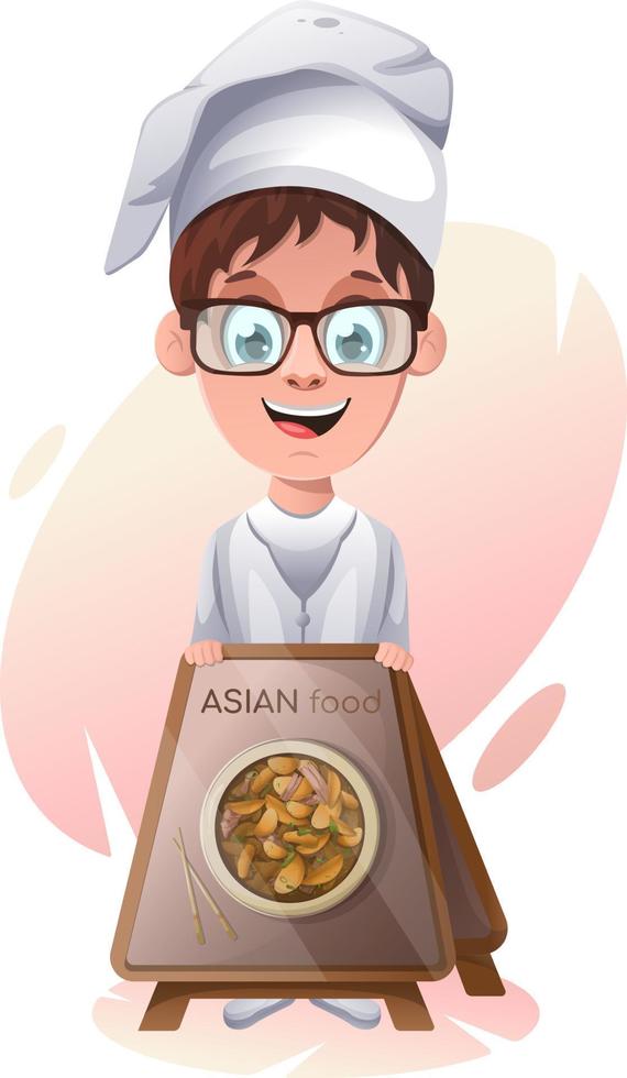 Cute boy cook near stand with asian dish vector