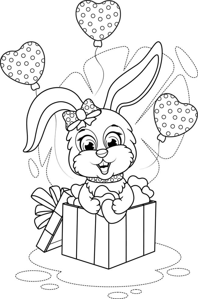 Coloring page. A bunny in a gift box, hearts and balloons vector