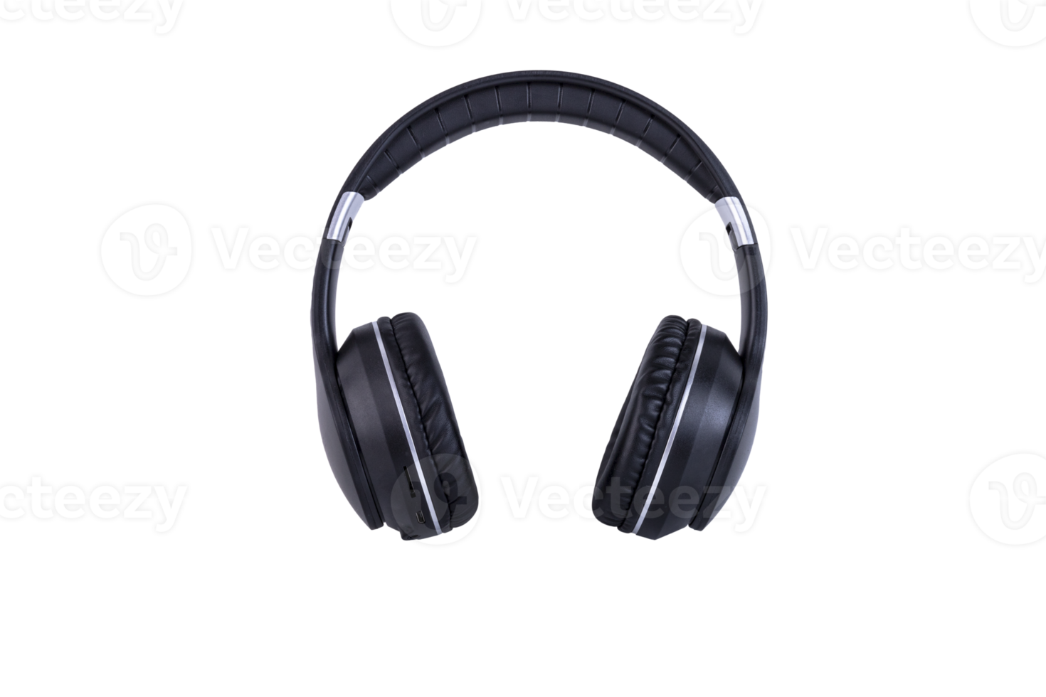 Wireless headphones in black with silver accents. Transparent background. PNG