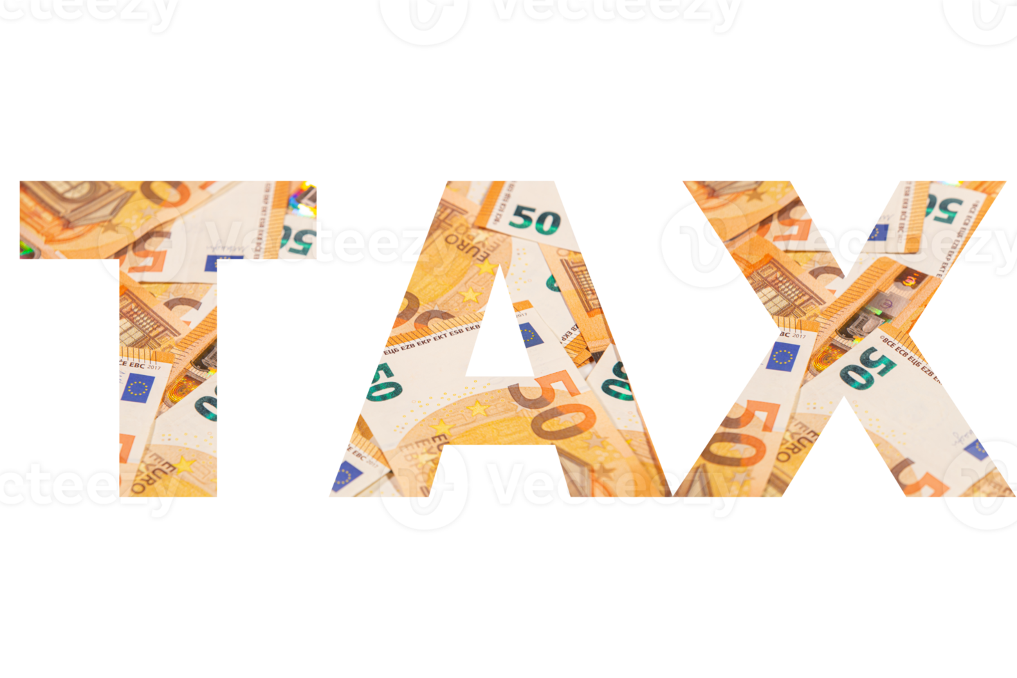 TAX, the word is written in creative text on a background of paper money. Transparent background. PNG