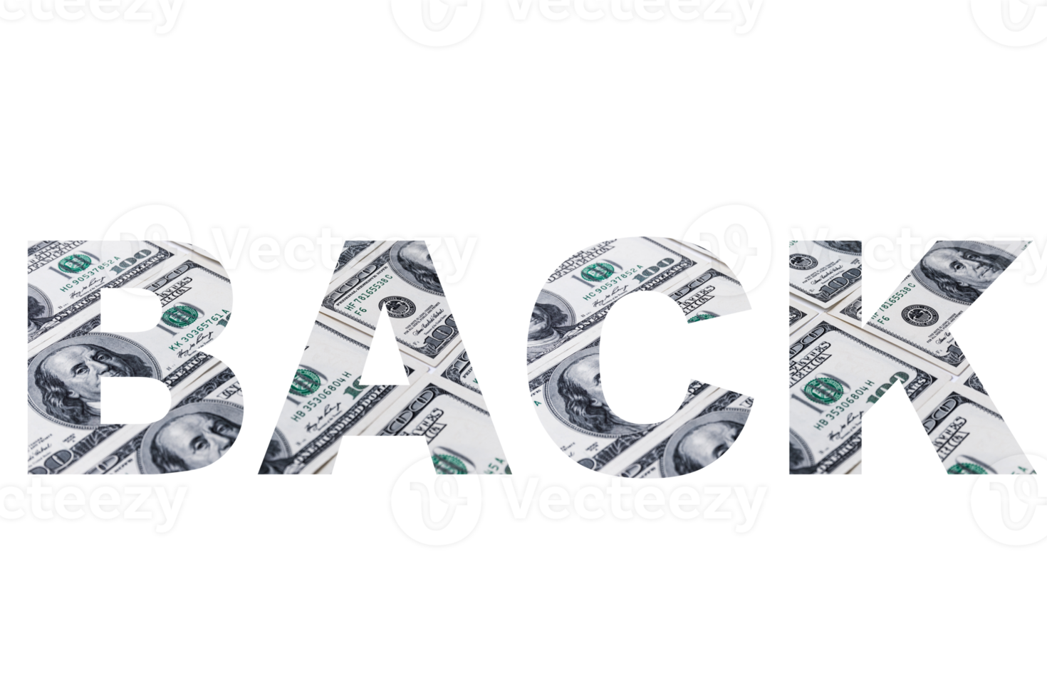 BACK, creative text written in U.S. Dollars. Transparent background. PNG. png