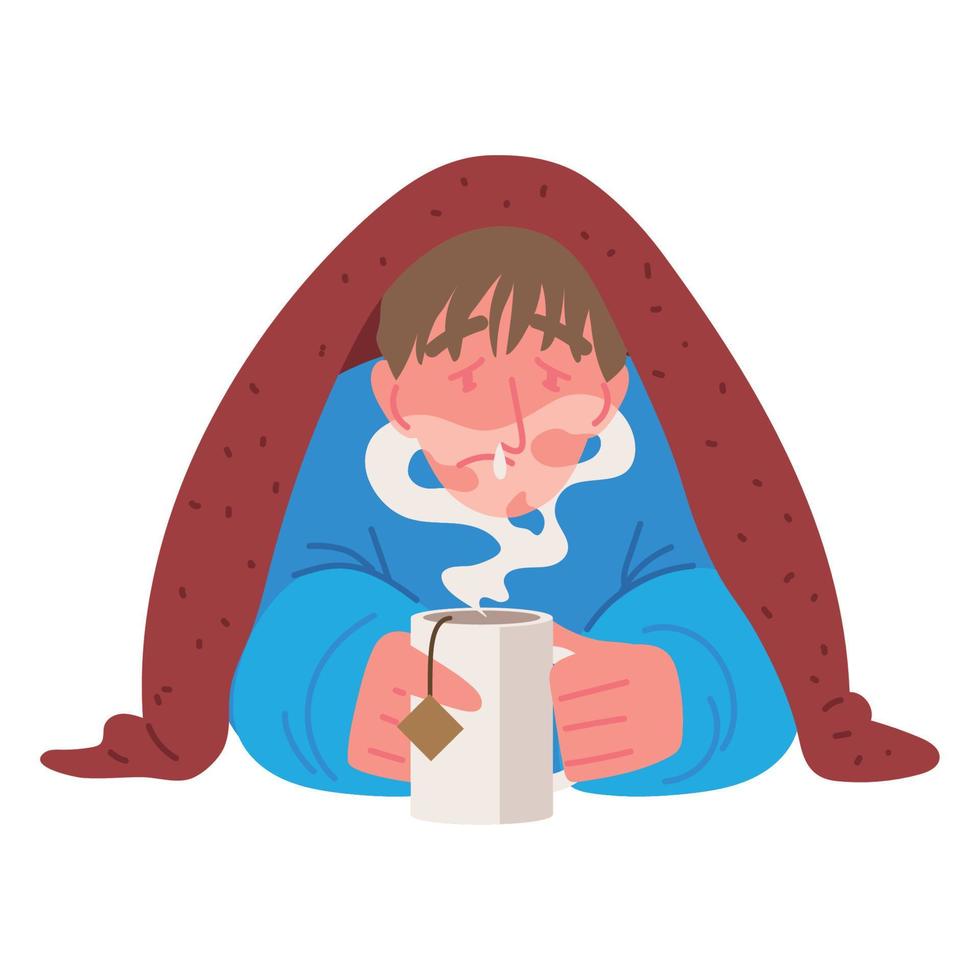 sick man with hot tea vector