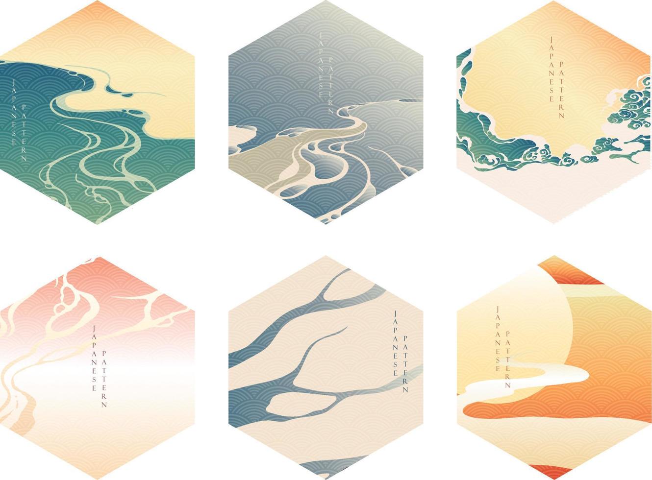 Chinese template with wave elements vector. Sunset and River background in Oriental style. Geometric banner. Asian pattern with gradient wallpaper. vector