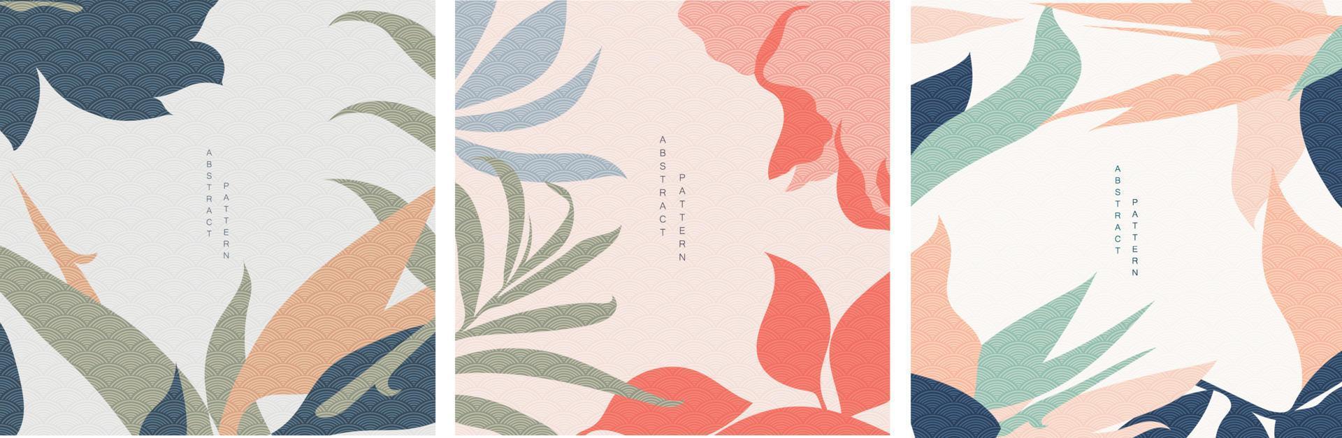 Floral frame with Japanese wave pattern vector. Flower pattern in vintage style. Natural background. vector