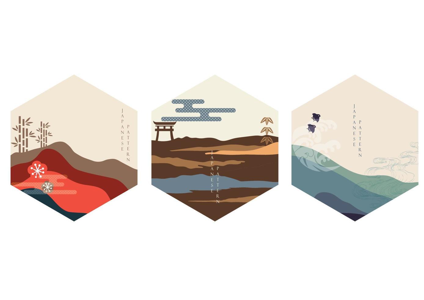 Japanese background with mountain forest vector. Asian icon and symbol design. Bamboo, bird, gate, hand drawn wave decoration. vector