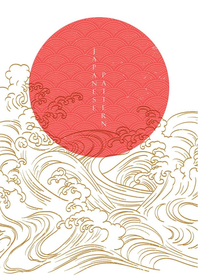 Red sun with hand drawn wave vector. Japanese template with line pattern in vintage style. vector