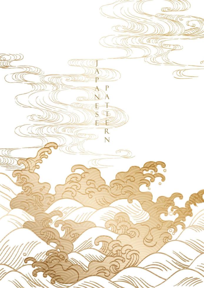 Japanese wave pattern in oriental style. Gold hand drawn ocean with line pattern vector in vintage background.