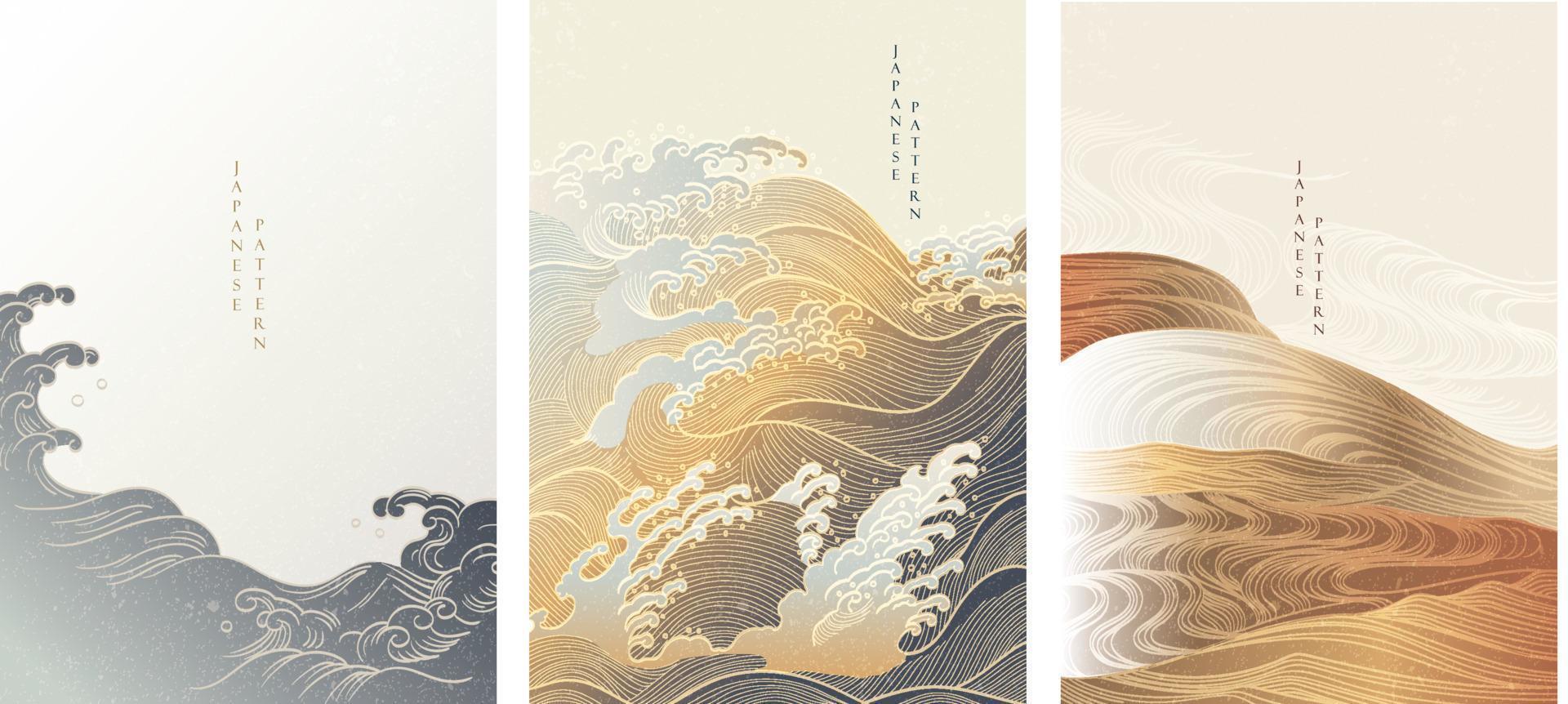 Japanese background with hand drawn wave in vintage style. Art landscape banner design. vector