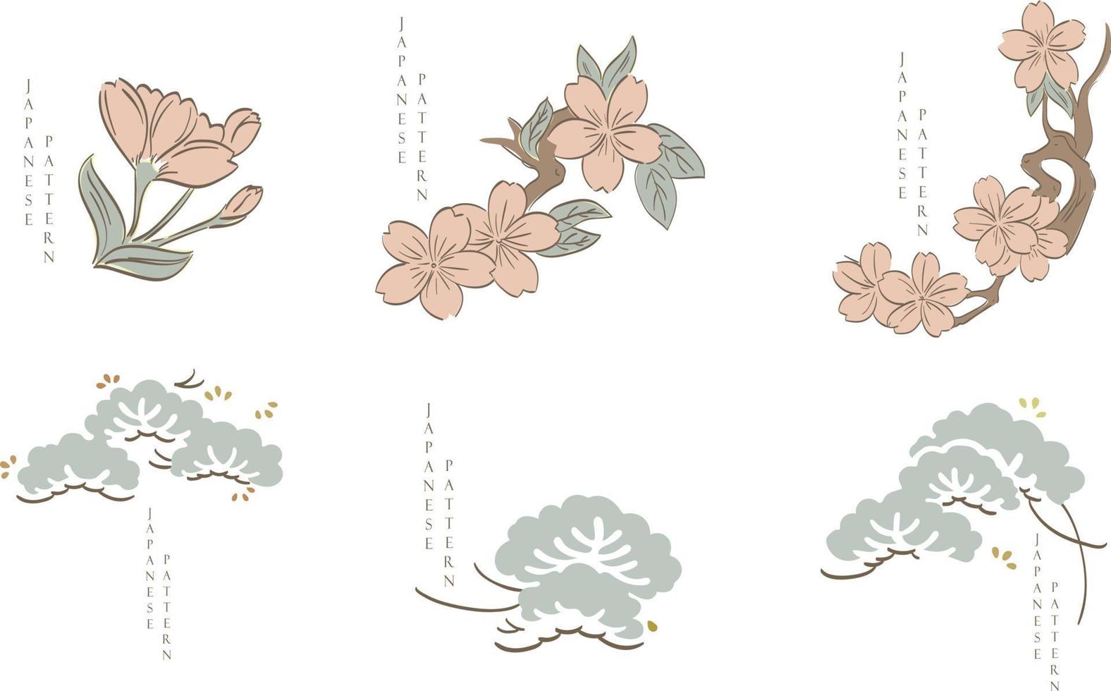 Japanese elements icons with hand drawn natural background. Cherry blossom flower and bonsai logo design in Asian style. vector