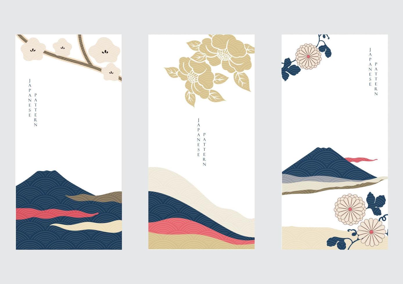 montaña fuji con flor de camelia al estilo japonés. fondo de paisaje con patrón de onda ilustración de elemento de montaña fuji con diseño de banner en estilo vintage. vector