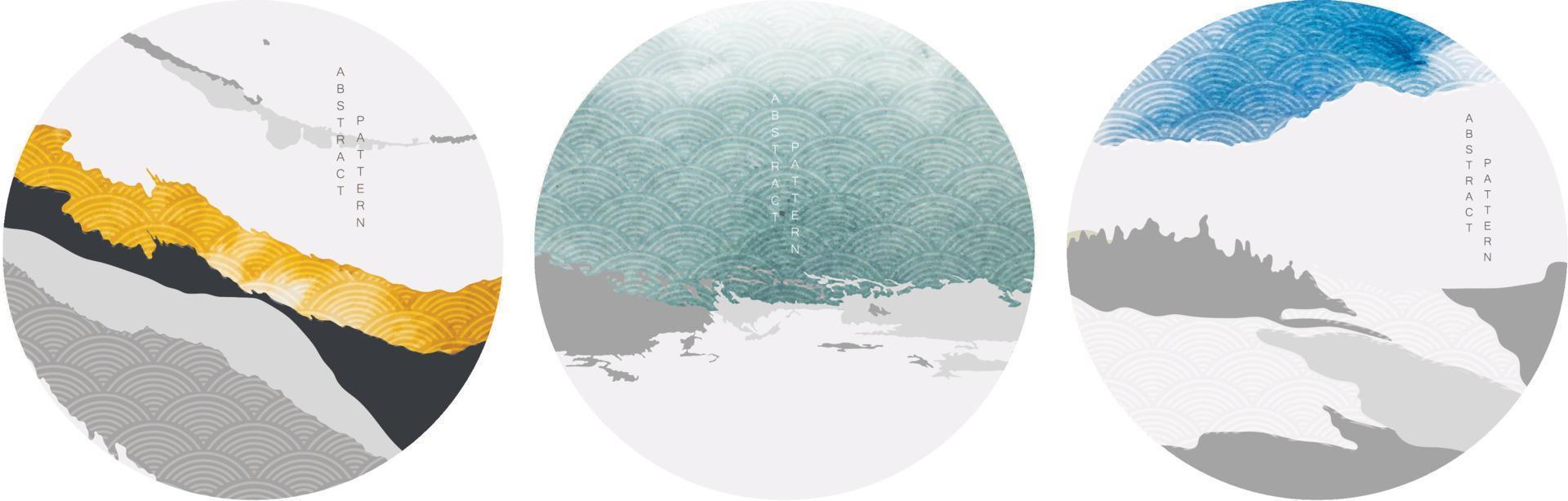 fondo de paisaje abstracto con vector de patrón de onda japonés. bosque de montaña con icono de colina de silueta con textura de trazo de pincel.