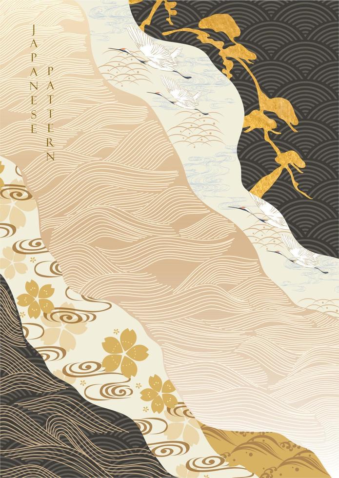 Japanese background with line pattern vector. Cherry blossom flower decoration with gold texture and crane birds  illustration. vector