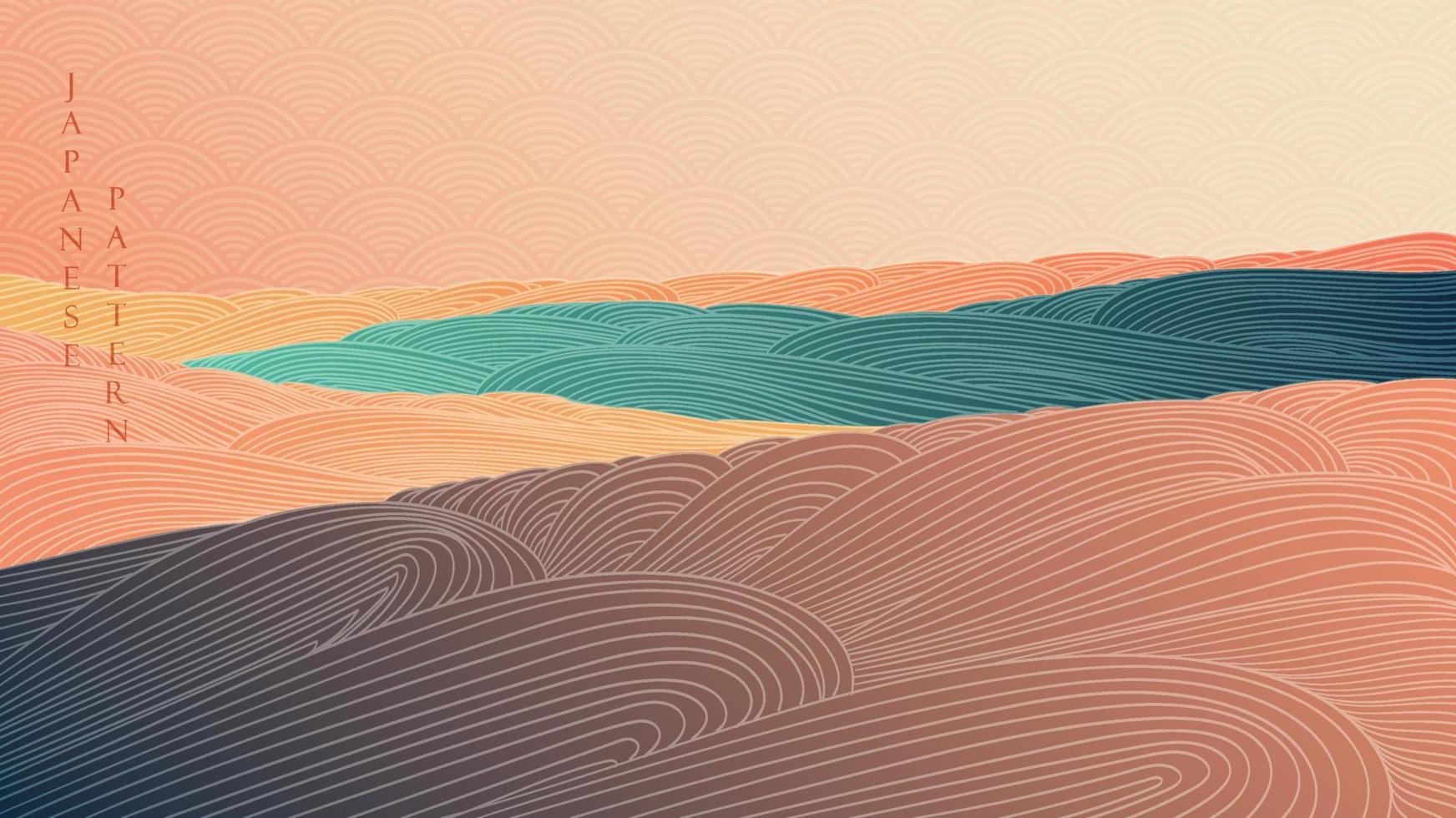 fondo abstracto con vector de patrón de onda japonés. banner de textura de línea dibujada a mano con plantilla de paisaje de arte en estilo vintage.