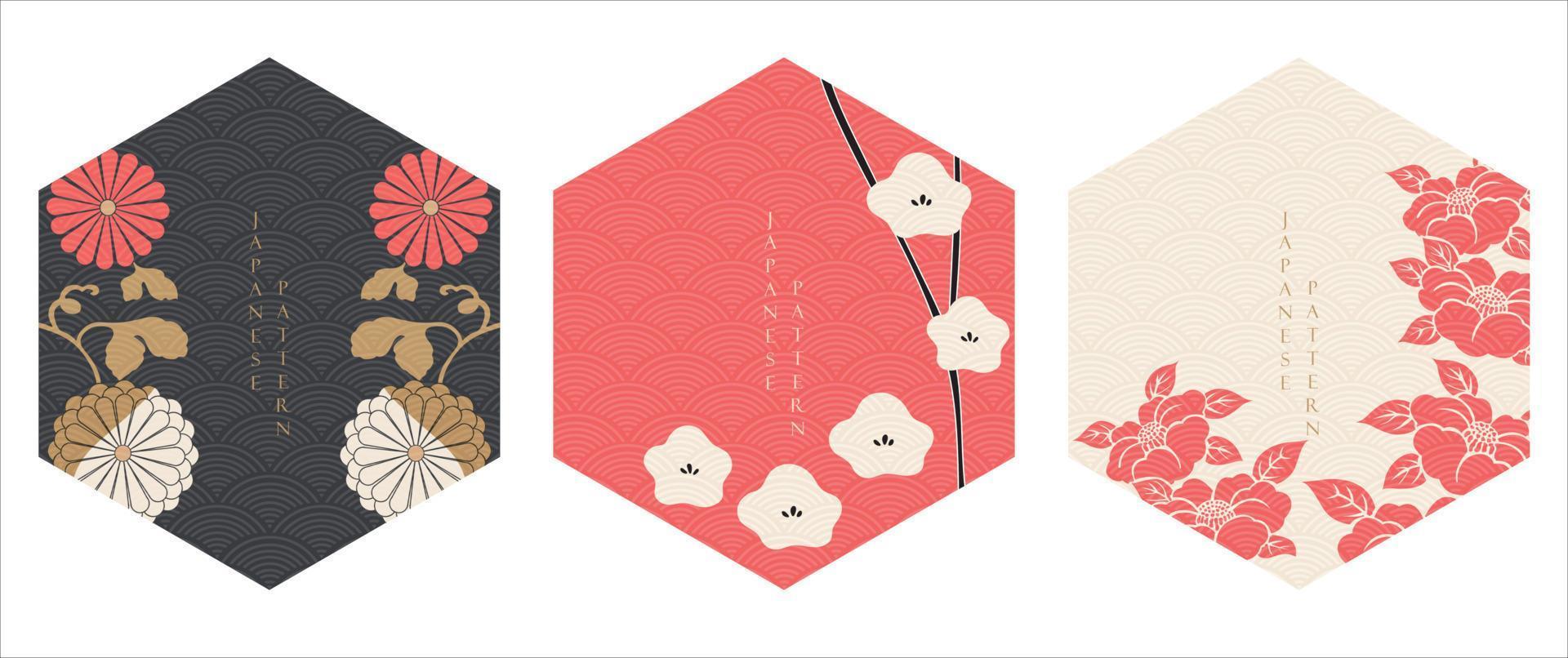 Japanese floral background vector. Asian icons and symbols. Vintage traditional template design. Abstract pattern and template. Geometric icon and logo design set. vector