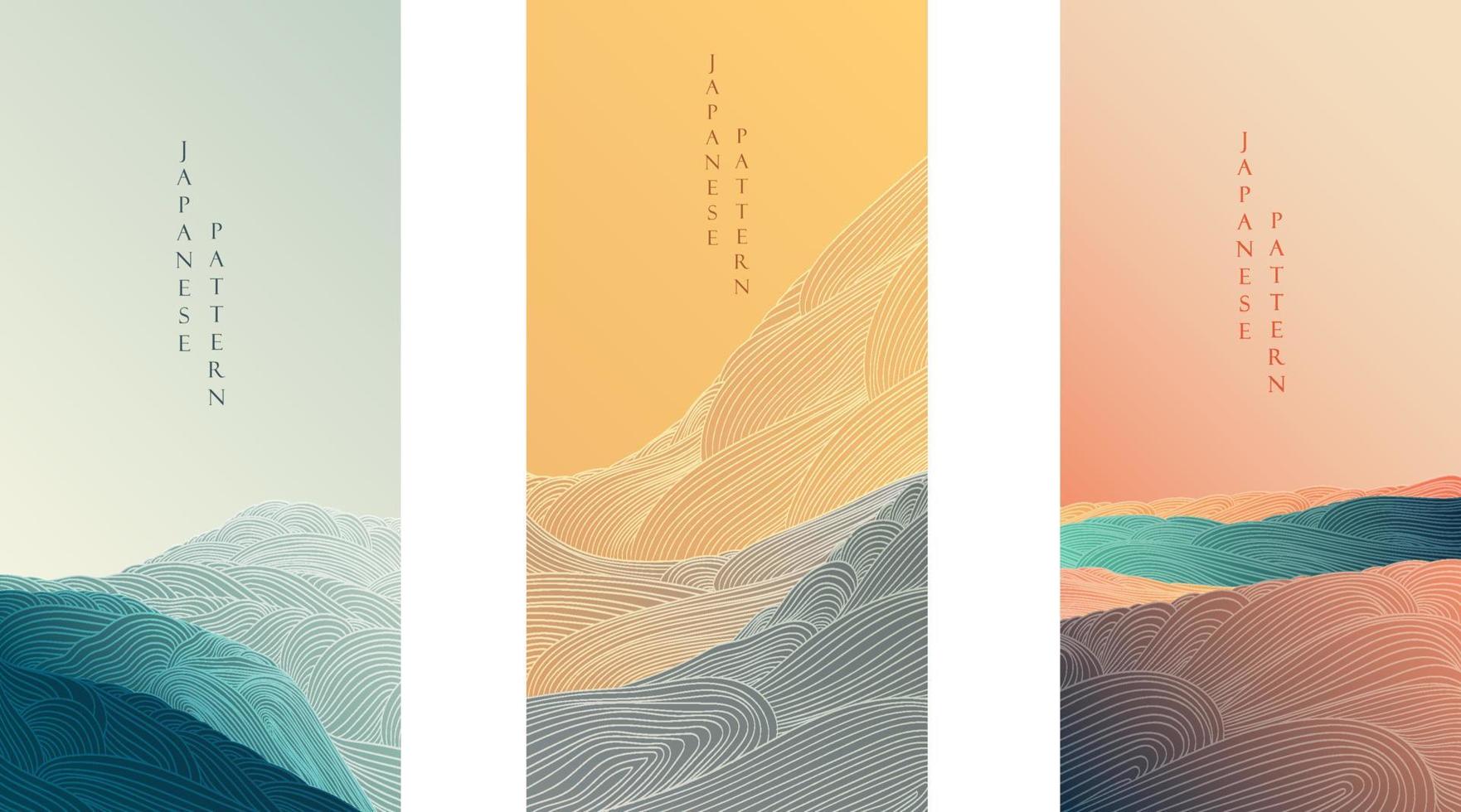 fondo japonés con vector de patrón de línea. elementos abstractos con plantilla de paisaje de arte. bandera del mar del océano en estilo oriental.