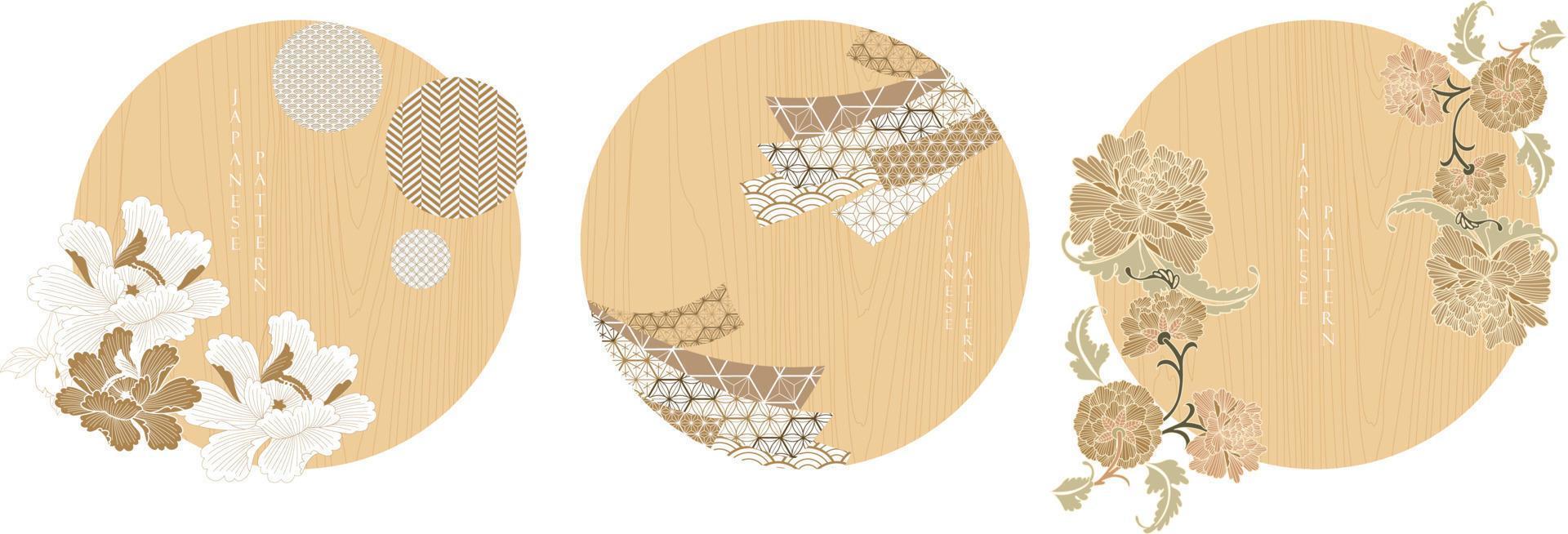 Peony flower with brush stroke illustration in vintage style. Wooden texture with Japanese pattern elements vector. Asian icon and symbol with floral object. vector
