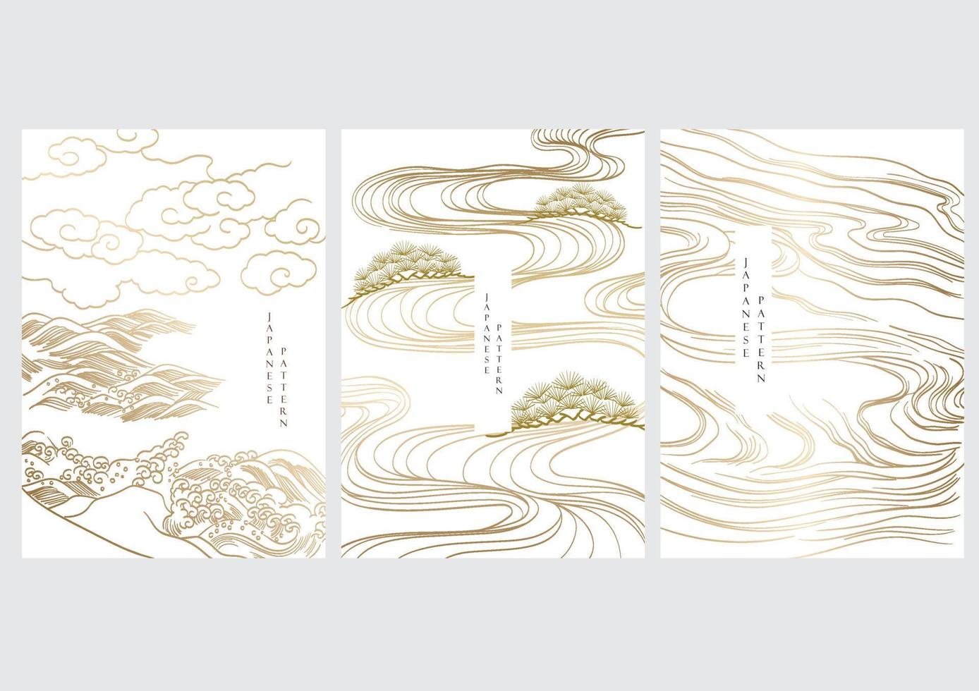 Abstract landscape background with Japanese wave pattern vector. Hand drawn wave with line pattern elements in vintage style. vector