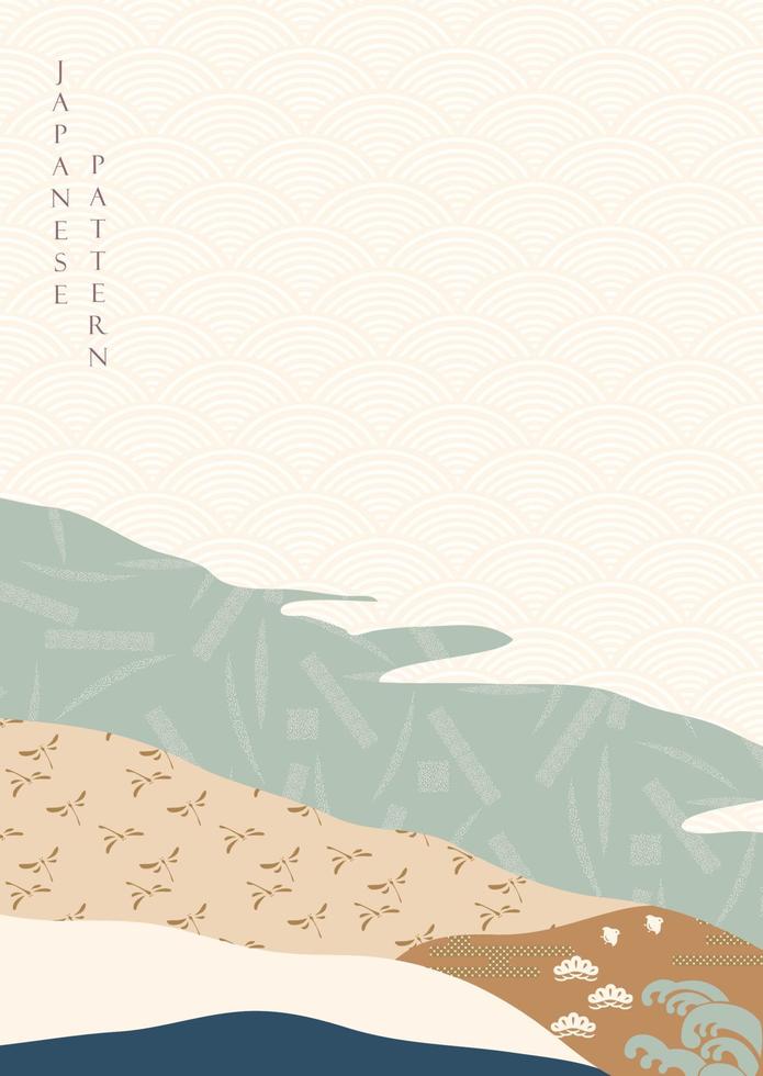 Abstract background with Japanese pattern vector. natural mountain template with hand draw wave and bamboo icon in vintage style. vector