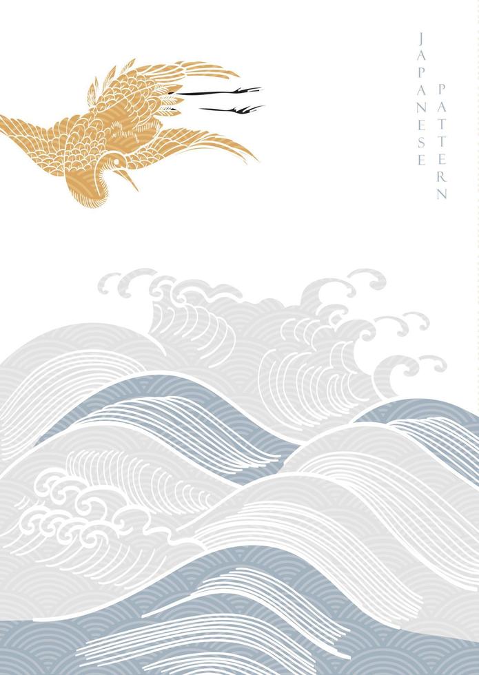 Japanese pattern with hand draw ocean wave background vector. Crane birds with line art in vintage style. vector