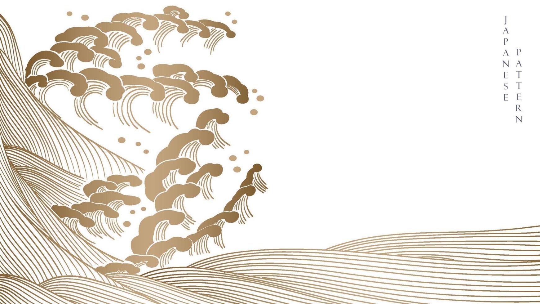 fondo de onda dibujado a mano japonesa con vector de patrón de elemento dorado. diseño de banner de arte de línea con elementos de arte abstracto en estilo vintage.