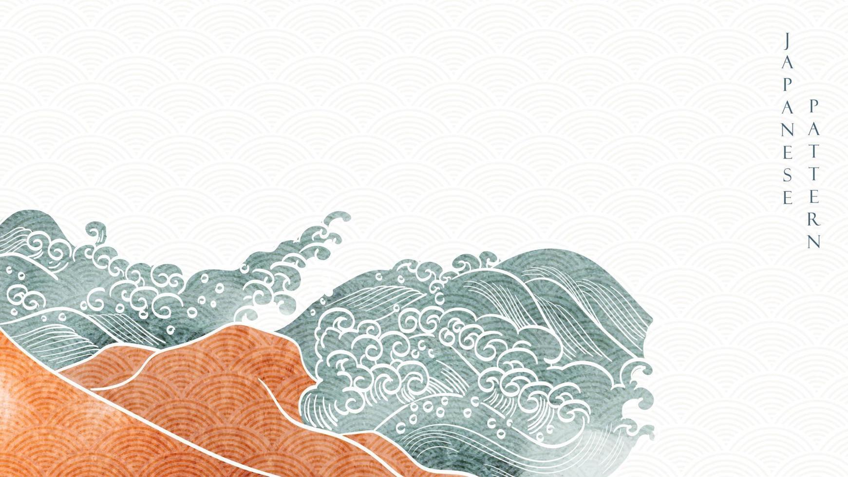 fondo japonés con vector de patrón de onda dibujado a mano. diseño de banner de mar oceánico con plantilla de paisaje natural en estilo vintage.