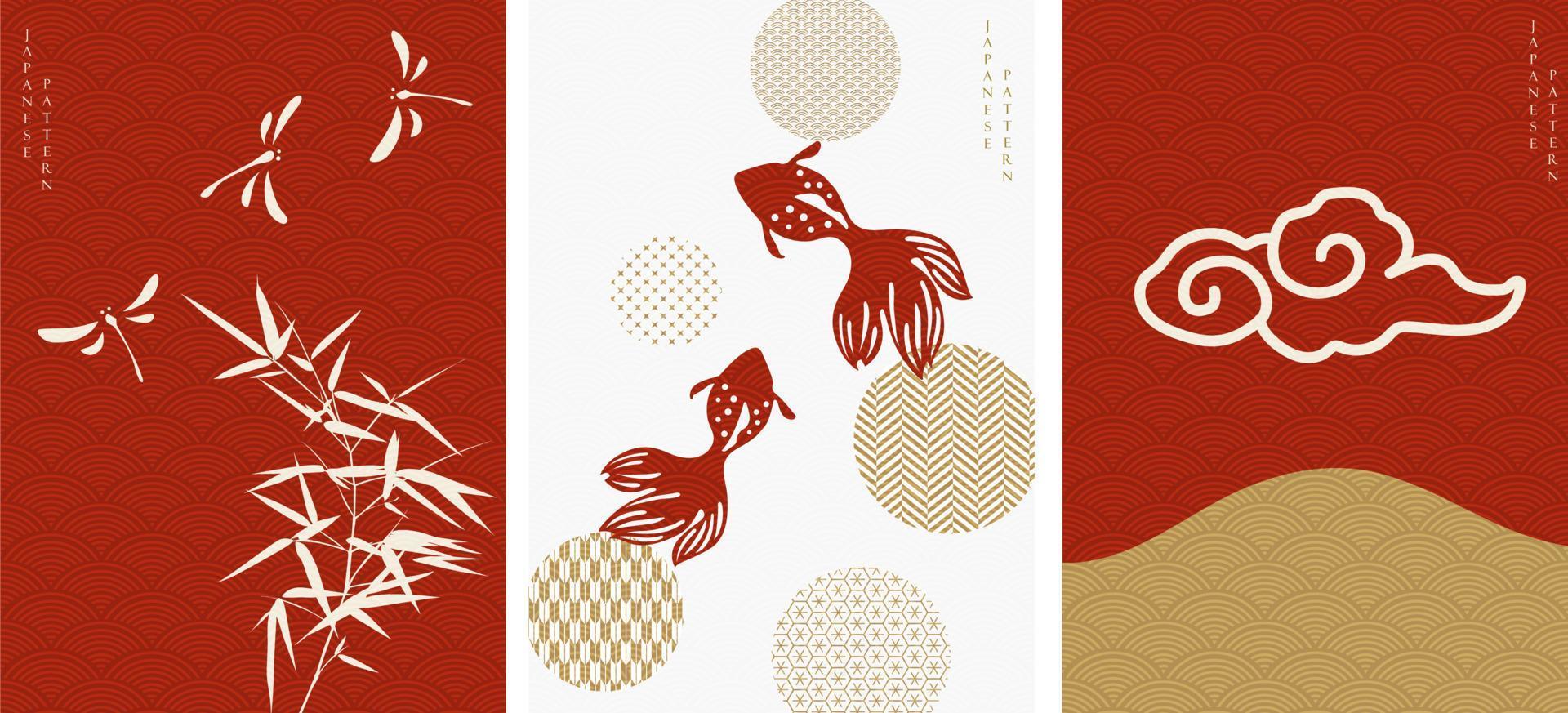 Japanese background with Asian icons and symbol vector. Dragonfly, bamboo, goldfish elements in oriental style. vector