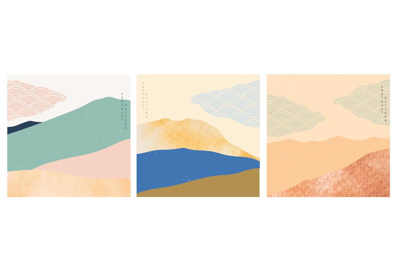 Fondo de arte de paisaje abstracto con vector de textura de acuarela. plantilla de bosque de montaña con patrón de onda japonés.