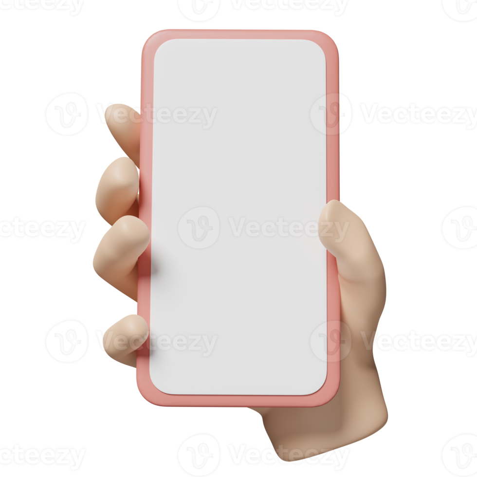 3d hand holding smartphone isolated. hand using mobile phone, screen phone template, empty screen phone mockup, minimal concept, 3d render illustration png
