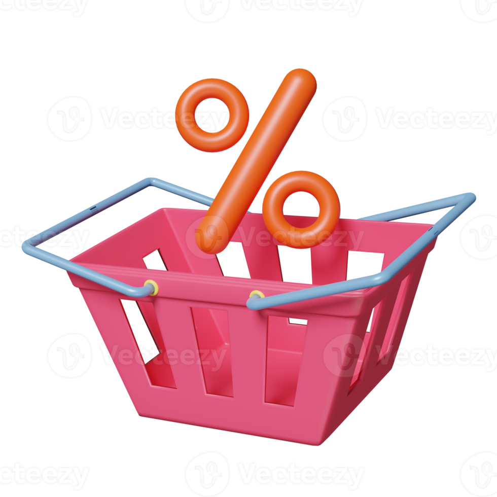 3d korting verkoop icoon voor boodschappen doen online met roze boodschappen doen karren of mand geïsoleerd. afzet Promotie bonussen concept, 3d geven illustratie png