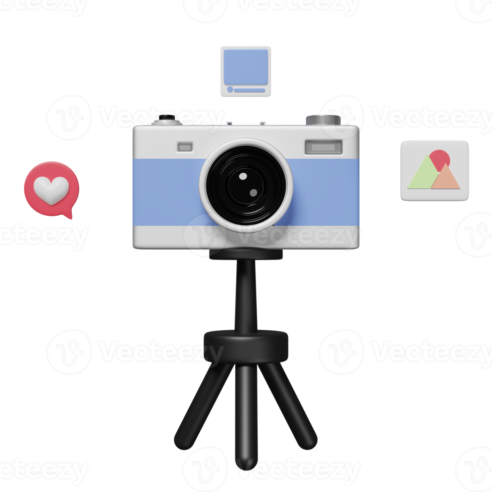 3D social media with camera tripod icons isolated. online video live streaming, communication applications, notification message concept, 3d render illustration png